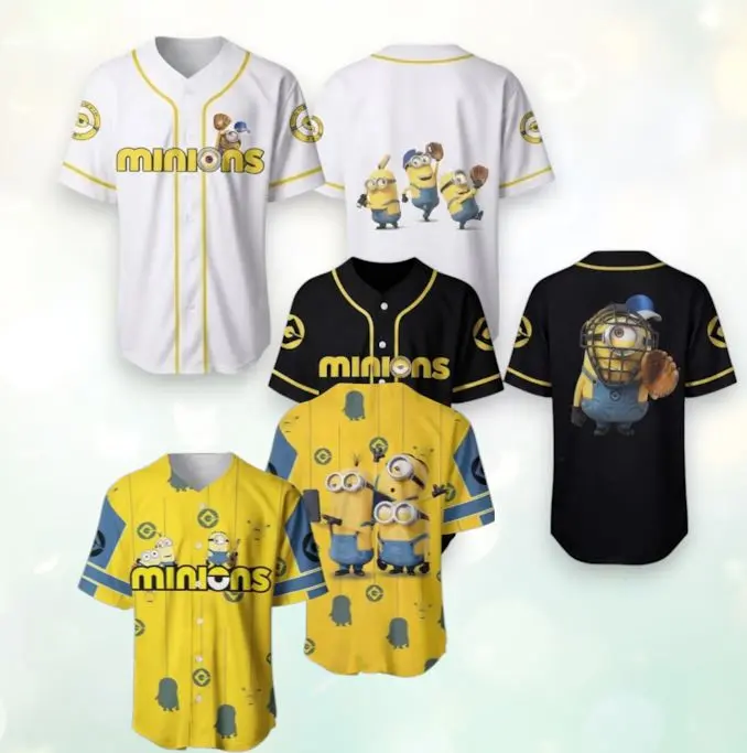 Mini0ns Inspired Baseball Jersey, Funny Yellow Cartoon Hawaiian Style Shirt #Mini0ns #BaseballJersey #CartoonStyle #SummerWear #Streetwear #GraphicShirt #TropicalStyle #GiftIdea