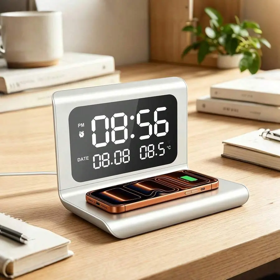 Multifunctional Digital Alarm Clock with Temp Display & Wireless Charger Stand, Fast Charging Station for iPhone Samsung Mobile Devices (12V/2A；9V/2A；5V/2A) for Bedroom Office Batteries Charging