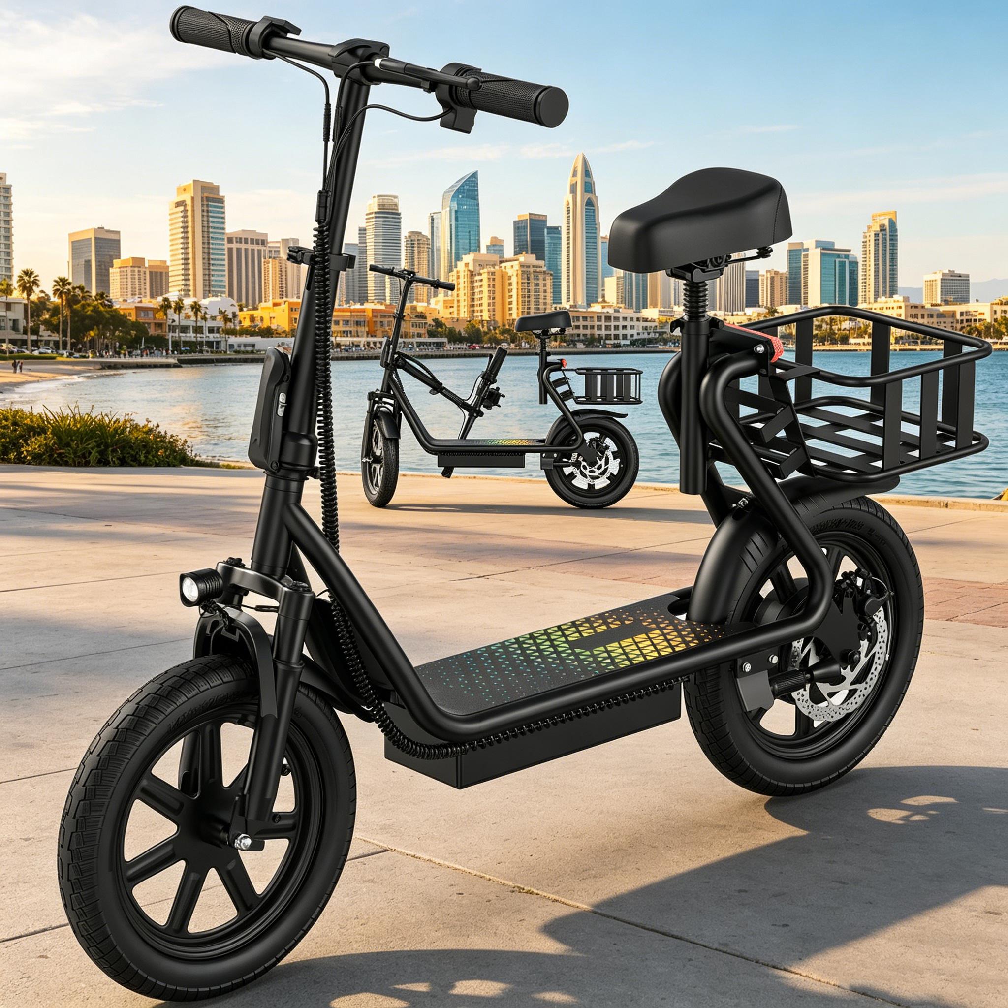 B Comfortable Seated Electric Scooter for Adults 48V 10.4Ah Battery Up to 22MPH Speed 21-27 Miles Range Pet-Friendly Design with Sturdy Rear Basket