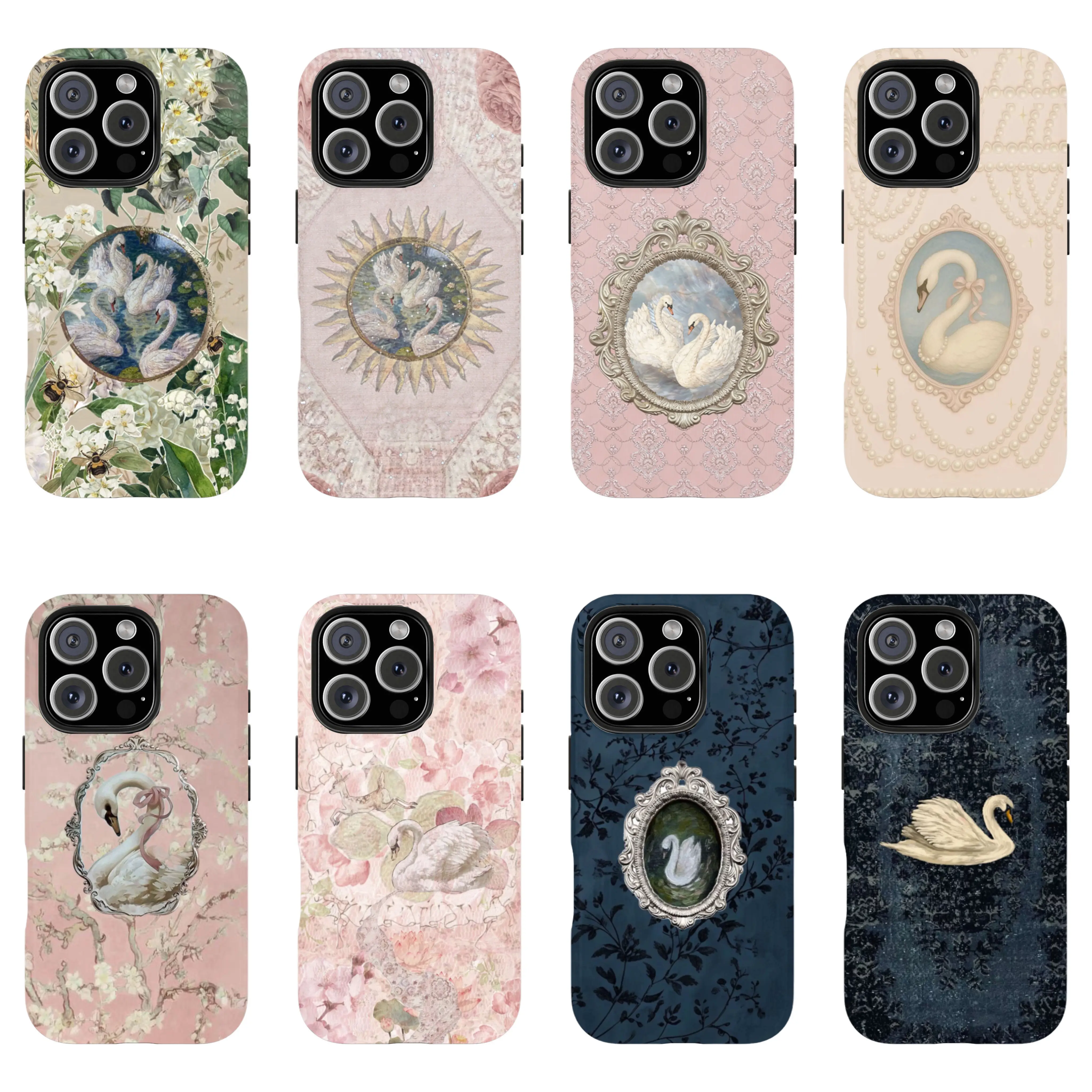Rococo Swan Print Smartphone Case - Soft Romantic Aesthetic, Coquette Lace Cover for Handheld Cellphone Devices, Protection for iPhone 11-17 & Samsung S21-S26, Ideal Holiday Gift, Casing