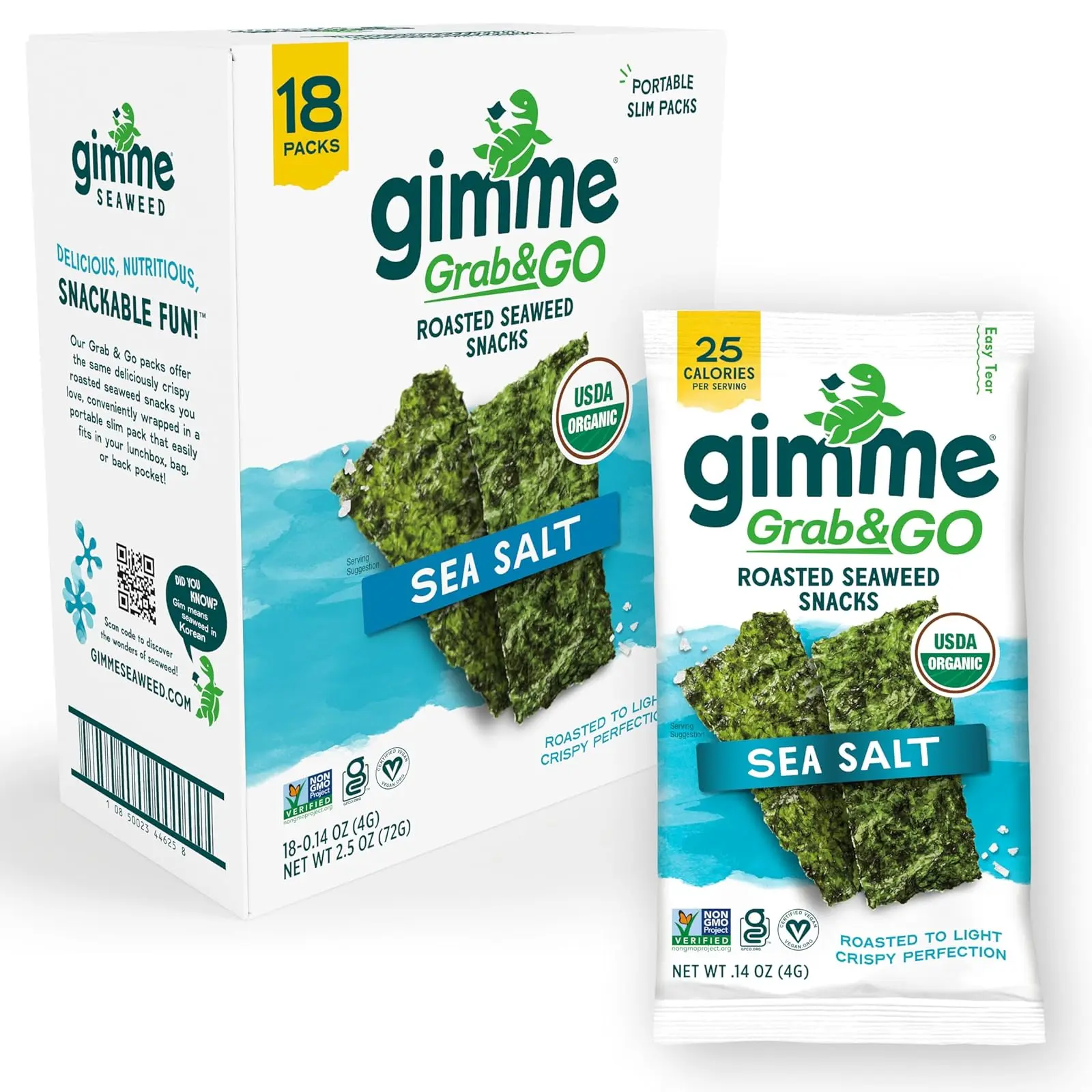 Seaweed Grab & Go Organic Premium Roasted Seaweed Snacks, Sea Salt, 18 Count Trayless, Keto, Vegan, Gluten-Free, Great Source of Omega3s and Iodine, Healthy On-The-Go Snack for Kids and Adults