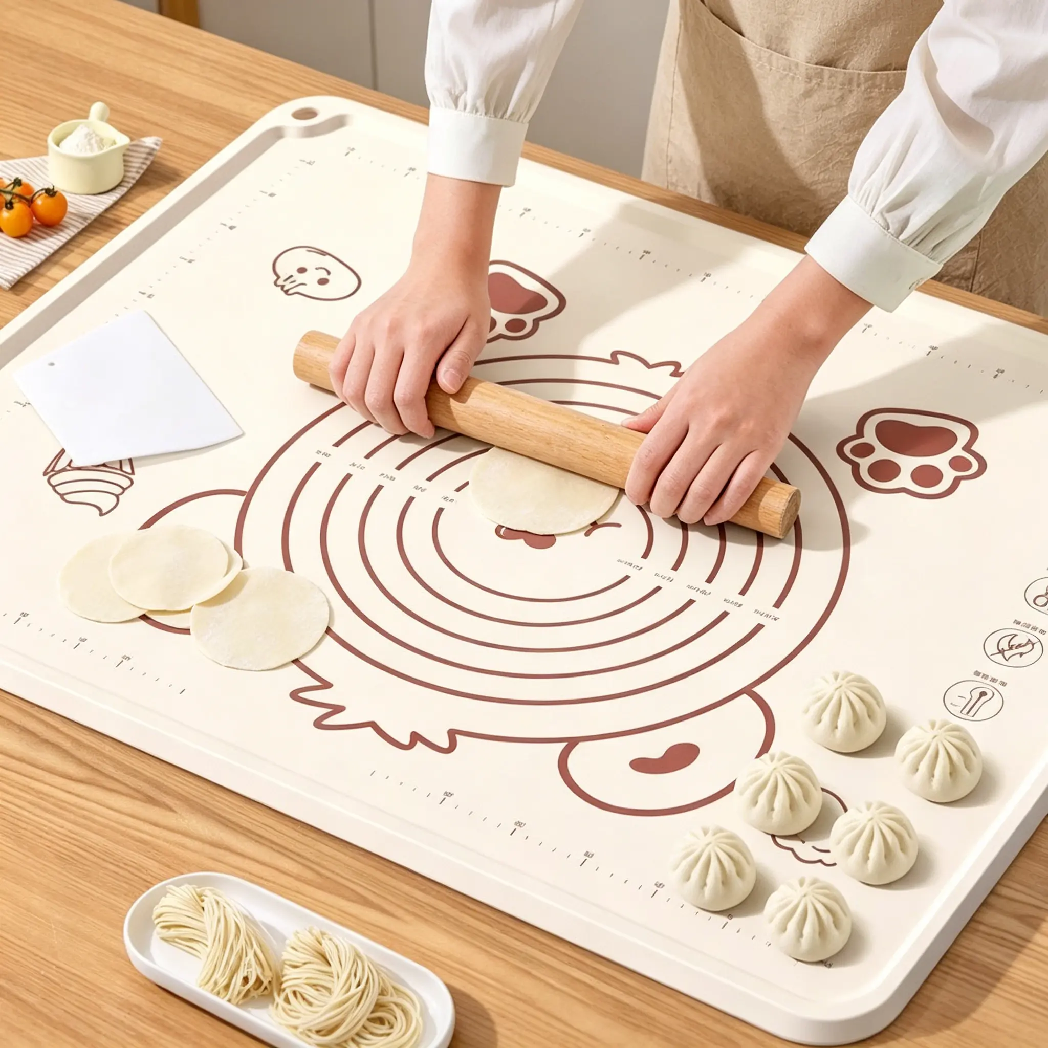 Food-Grade Silicone Pastry Mat Set, Cute Bear-Pattern Non-Stick Extra-Thick Baking Mat with Dough Scraper (27.56x19.69 in) for Kneading Pizza, Dumpling Dough