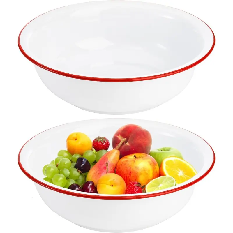 Set of 2 Enamel Bowls, 3 Quart Large Enamel Mixing Bowls, White Enamelware with Red Rim, 11 Inch Vintage Enamel Soup Basins for Fruit, Salad, Pasta, Dinner