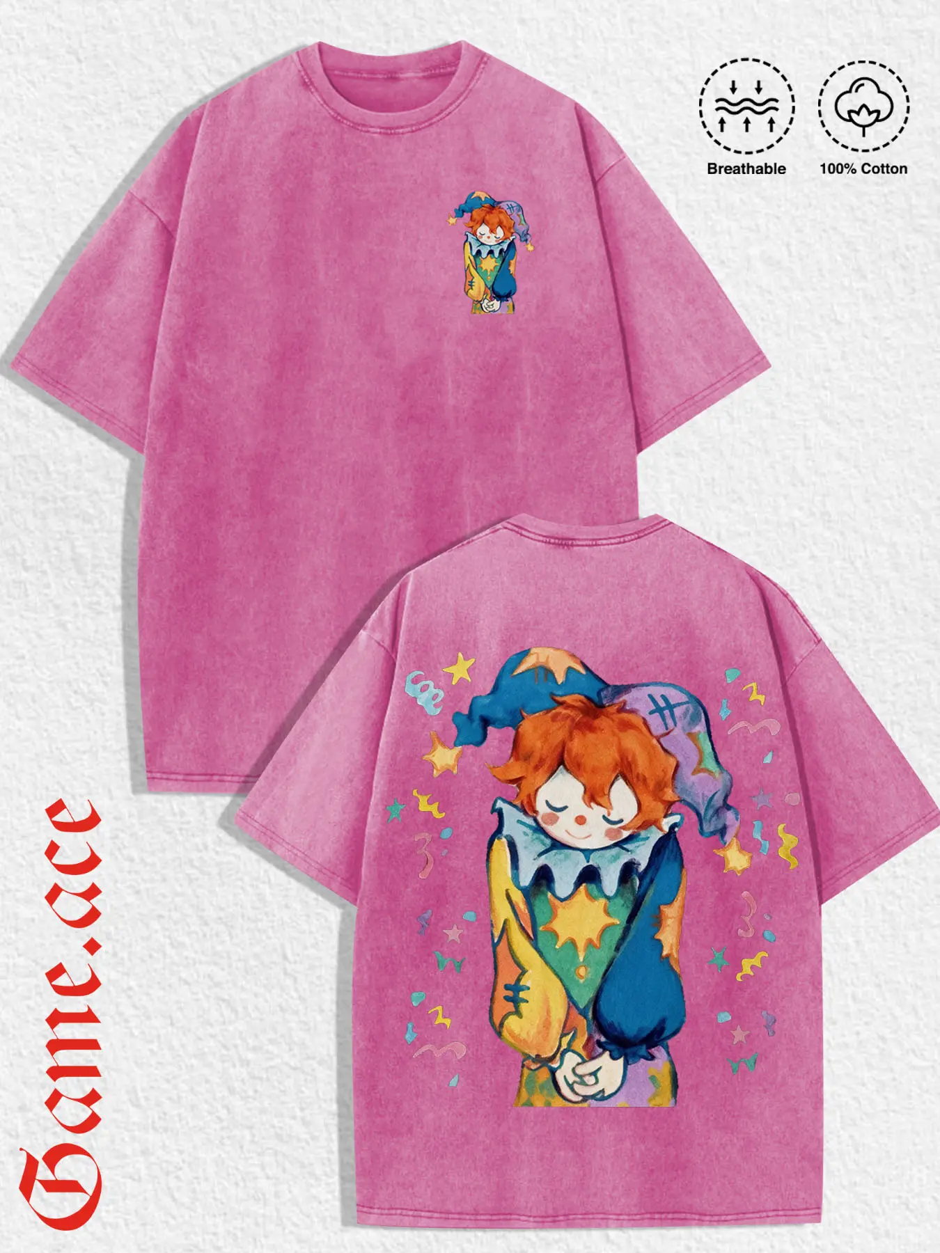 1 piece loose-fit pure cotton washed vintage graphic T-shirt featuring a blend of colorful cartoon palace clowns and multicolored pentagram elements; unisex and suitable for all seasons; Y2K summer wear for Halloween, street parties, Christmas, and beach