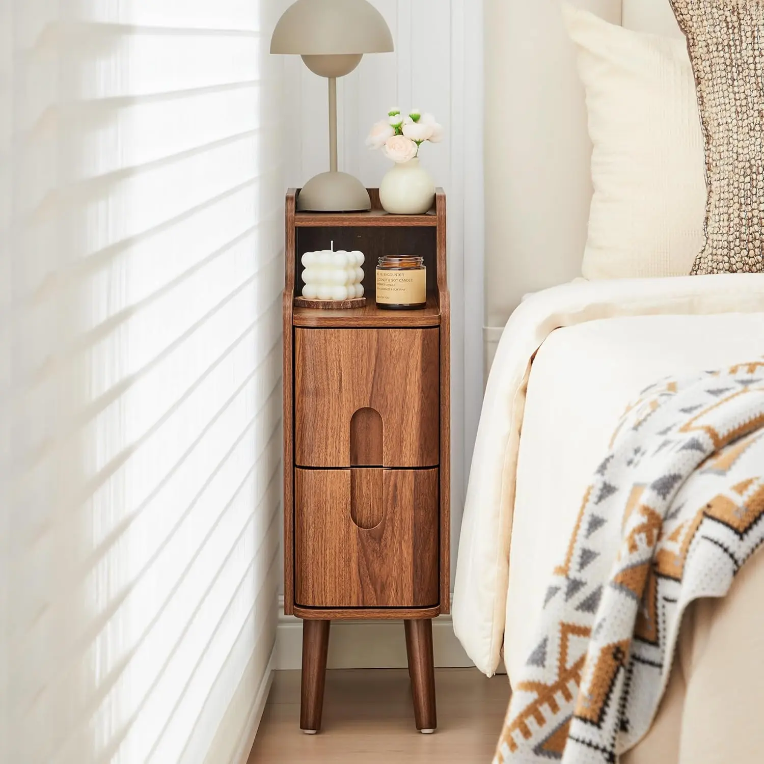FurSch Narrow Wooden End Table with 2 Drawers, Small Nightstand for Bedroom, Compact Vintage Side Table for Living Room or Small Spaces