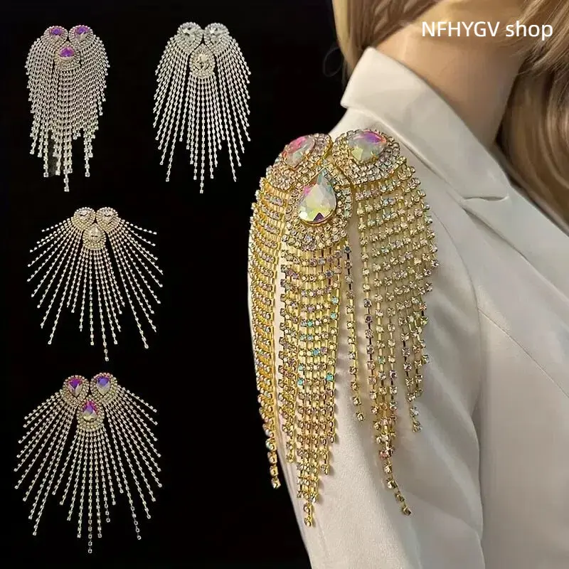 Rhinestone Tassel Shoulder Epaulettes Brooch, Luxury Crystal Chain Shoulder Pins, Sparkly Statement Accessory for Blazer, Wedding, Party, Performance