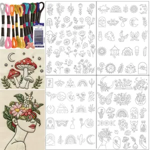 Floral Plant Water-Soluble Stabilizer Embroidery Stickers, Embroidery Patch, Embroidery Craft, Flower Embroidery DIY Self-Adhesive Washable Pre-Printed Fabric, Includes 12 Colors Metal Threads & 16 Needles