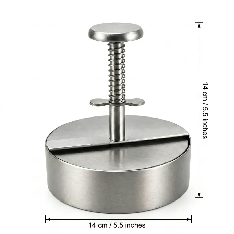 1-piece stainless steel thickened hamburger patty press with spring assistance for making uniform patties; nonstick patty press board—BBQ grilling tool; kitchen gadget