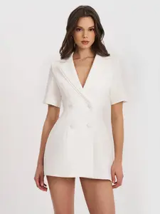 Madelina White Double Breast Satin Trim Blazer Dress