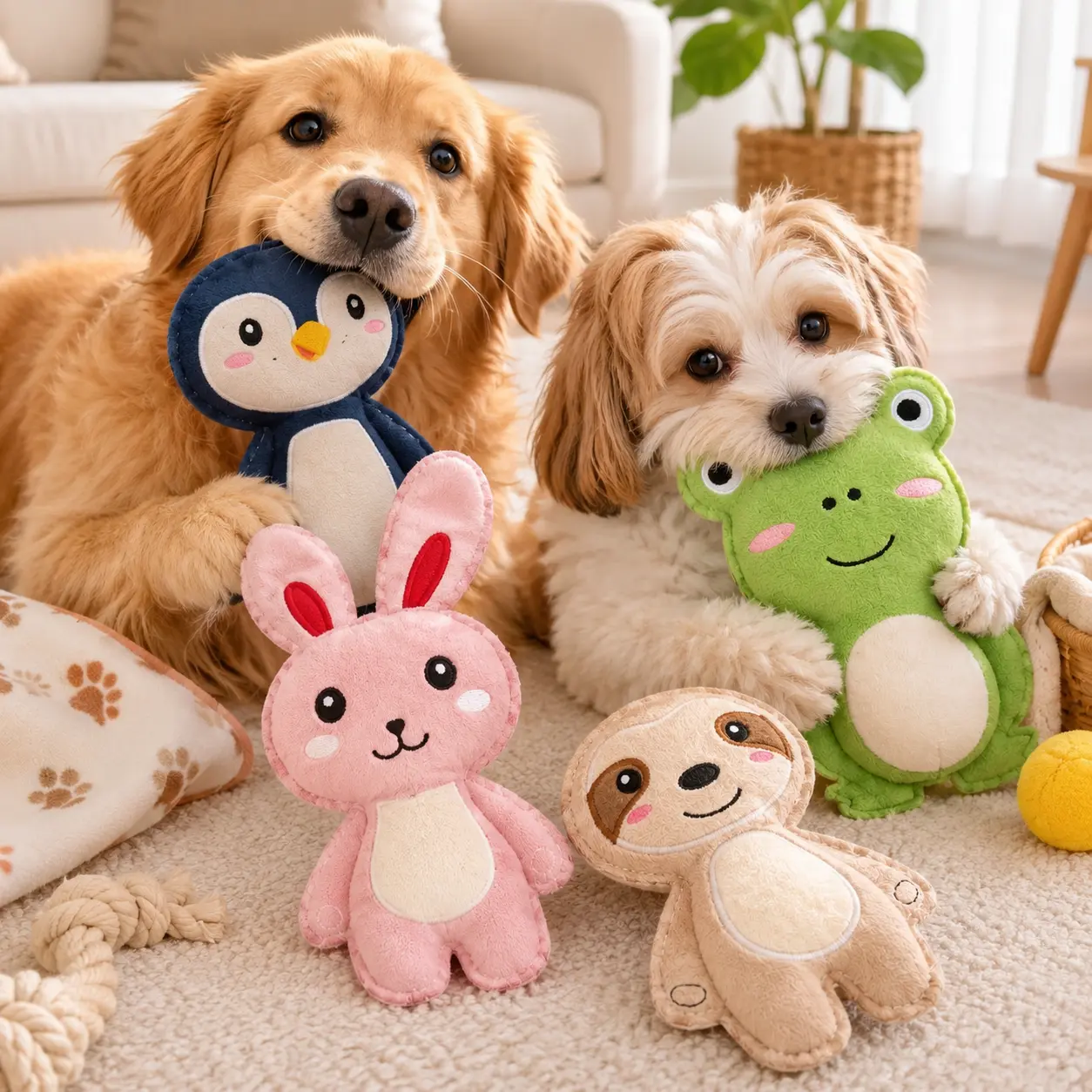 Plush Dog Toys (Penguin, Bunny, Frog & Sloth), Cute Squeaky Puppy Toys, Interactive Enrichment Chew Toys, Soft Durable Stuffed Toys for Dogs of All Sizes