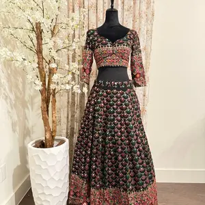 Black Georgette Lehenga Set with Colorful Embellishments and Matching Top