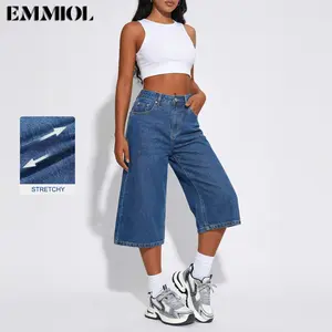 【High Stretch】Emmiol Long Baggy Denim Jorts for Women - High Waisted Bermuda Y2k Jean Shorts Wide Leg Casual Trendy Streetwear Summer Pants