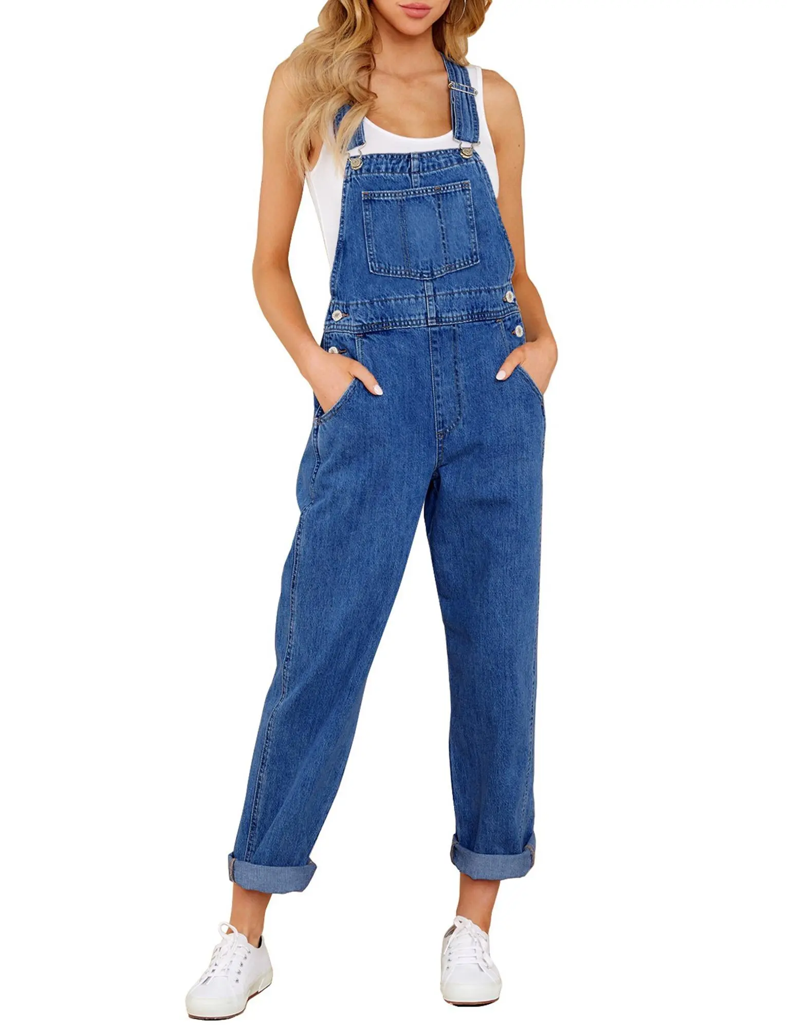 GRAPENT Women's Denim Bib Overalls, Casual Loose-Fit Plain Polyester Elastane Jumpsuit with Adjustable Straps, Overall Jeans Pants, Denim Blend, Side Pockets, Stretch Fabric, Strappy, Button, Evergreen, High Stretch, Basic, Loose Fitting, Bib Pocket, All,
