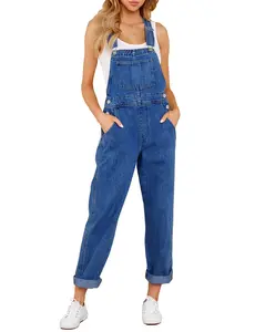 GRAPENT Lady's Sleeveless Basic Denim Bib Overalls - Strap, Loose Fit, Stretch Women's Jean Jumpsuit Pants