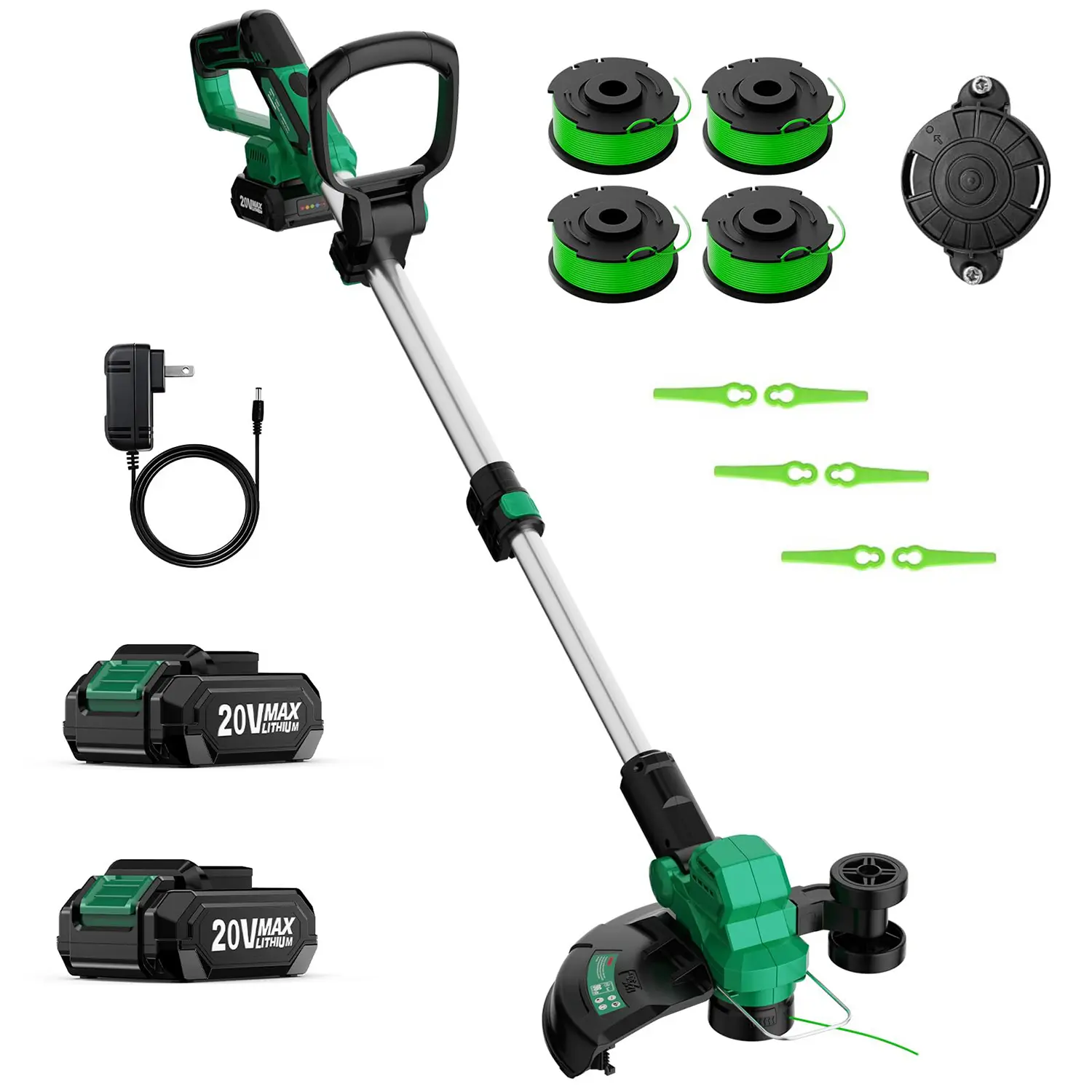 KIMO 12-in Cordless Weed Wacker Trimmer Lawn, 2-in-1 Cordless Power Tools Grass Edger & String Trimmer for Weed Control, 2 x 2.0Ah Batteries, Charger Sets, Wheels, 6 Replacement Spools, Garden Grass Trimmer