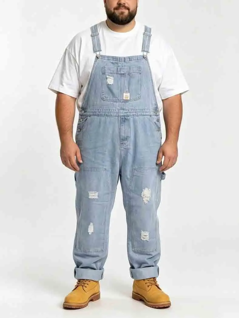 Men's Big and Tall Ripped Cotton Denim Bib Overalls - Adjustable Straps, Multi Pockets, Loose-Cut Relaxed Fit, Breathable Workwear Jumpsuit Clothes, Outdoor