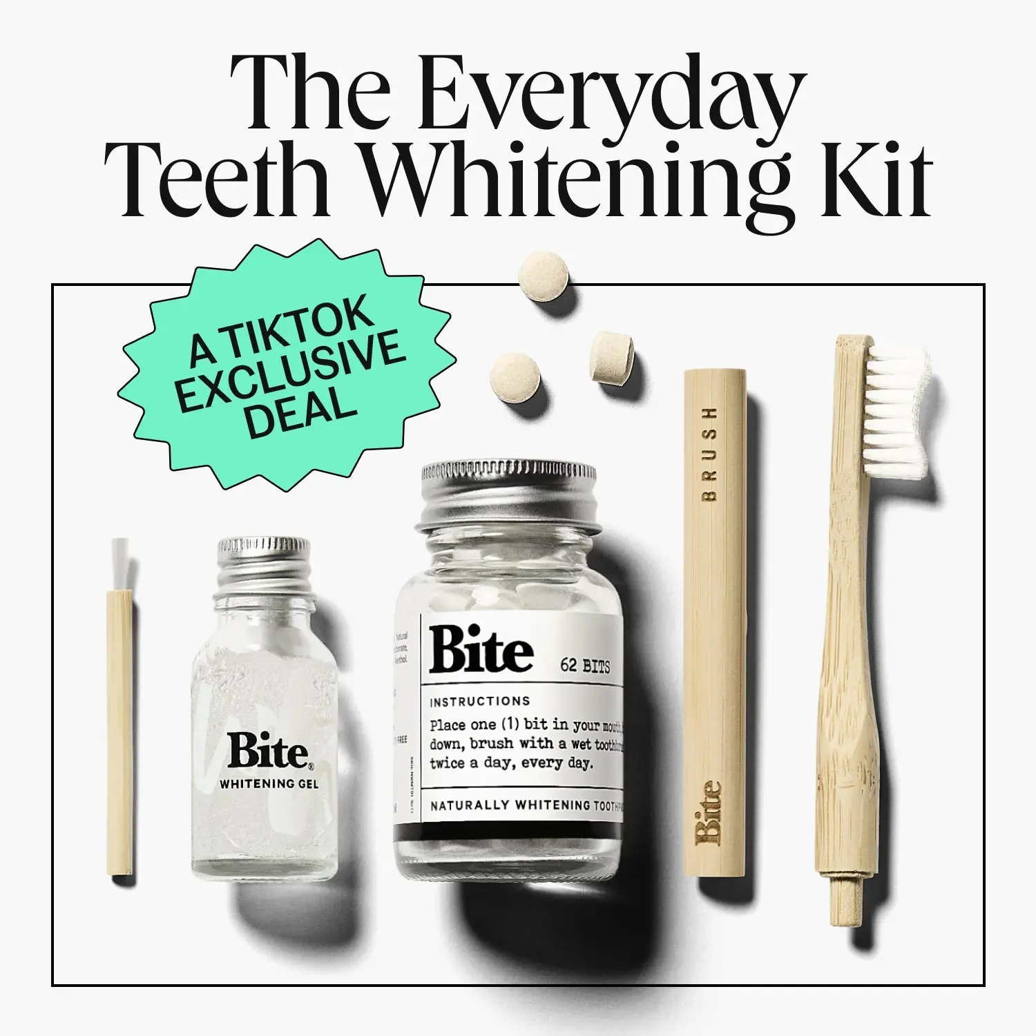Everyday Teeth Whitening Kit - Whiter Teeth in 3 Days with Bite Toothpaste Bits in Mint with Whitening Gel, Comes with Free Bamboo Toothbrush