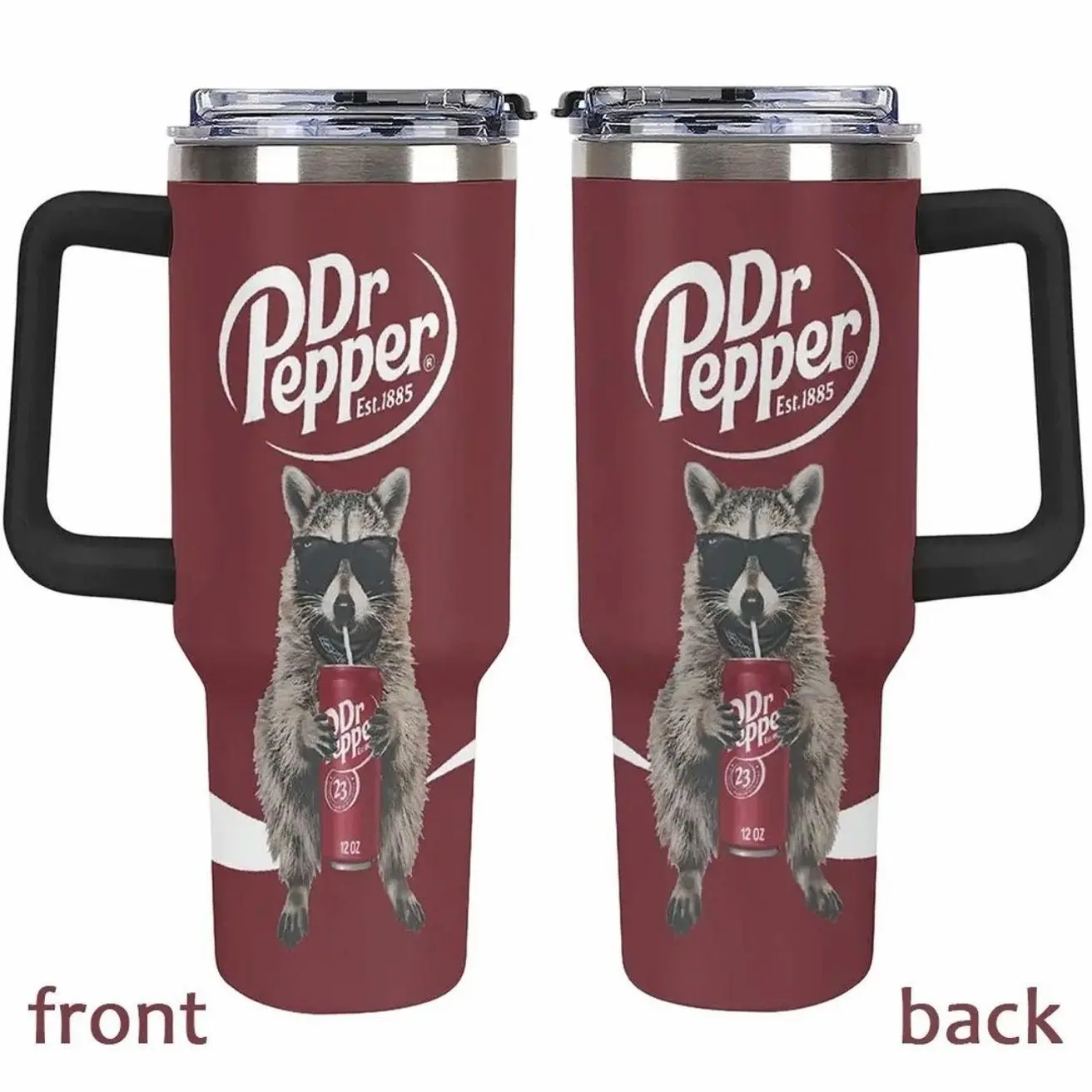 Funny Raccoon Drinking DR Pepper 40oz Tumbler with Handle, Cool Trash Panda in Sunglasses Insulated Stainless Steel Mug, Maroon Soda Lover Gift, Vacuum Travel Cup with Straw Lid, Gift for Raccoon Fans, Gift for DR Pepper Fans, dealsforyou, summerwins