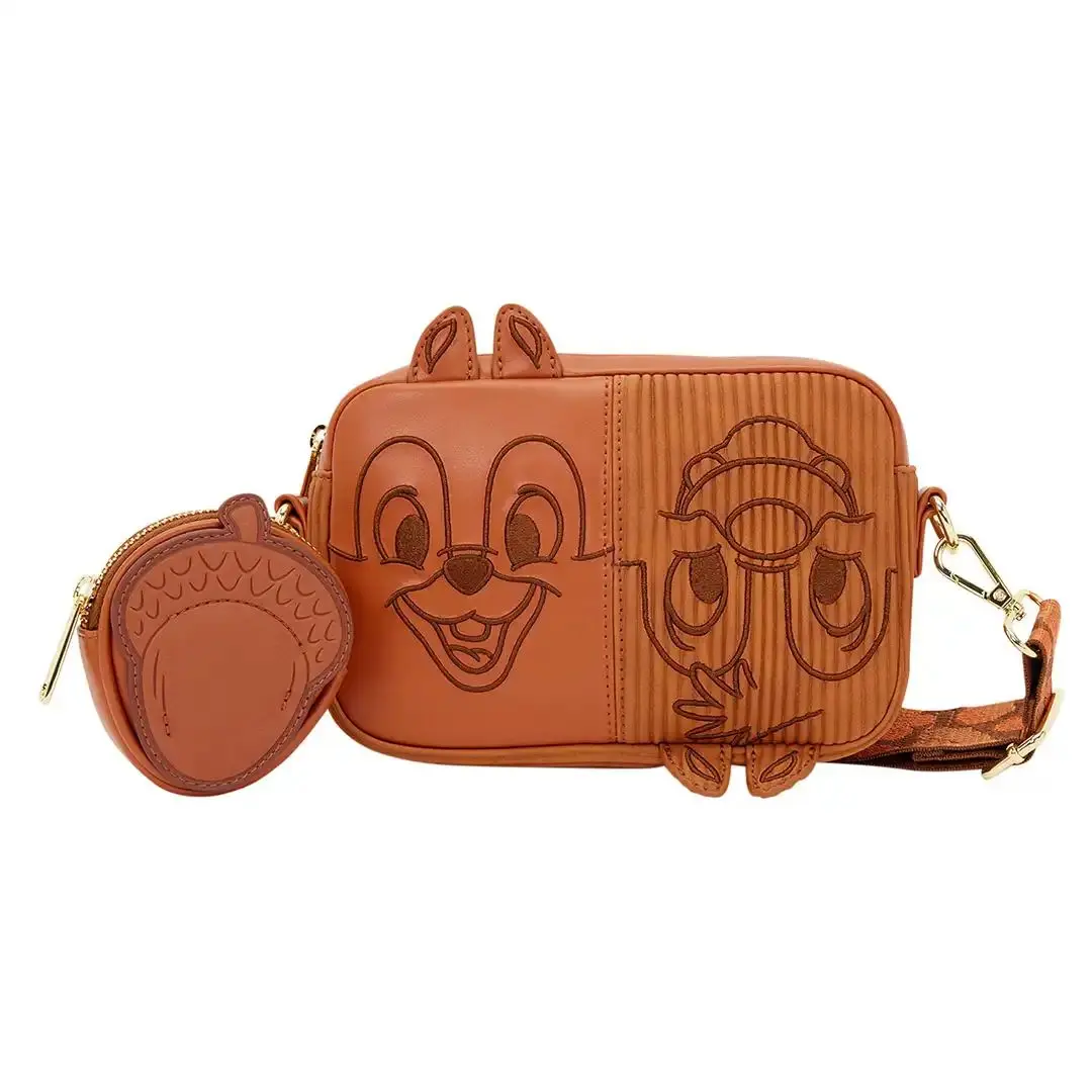 Loungefly Disney Chip 'n' Dale Embroidered Corduroy & Faux Leather Sling Crossbody Bag with Detachable Acorn Coin Purse, Everyday Crossbody Bag, Crossbody Handbag