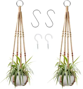 2-Pcs Natural Cotton Macramé Look Plant Hangers - 35 in, Lightweight, Adjustable, Pot-Holding Indoor-Outdoor Home Decor Organizers with 4 Hooks