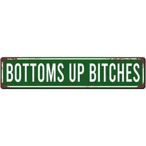 Vintage Metal Tin Sign Bottoms Up Bitches Sign Retro Metal Bar Wall Art Black Sign for Home Bar Coffee Garden Indoor Ourdoor Decor 4x16 Inch
