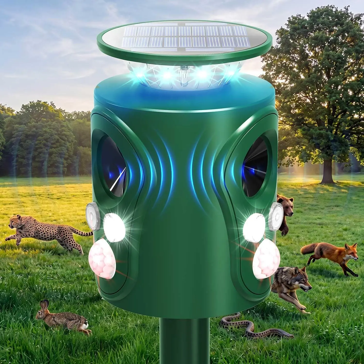 Solar Ultrasonic Animal Repeller Outdoor: 360 Degree Cat Repellent with Motion Sensors & 5 Modes | LED Flashing & Alarm | Deer Raccoon Squirrel Skunk Rabbit Fox Bird Deterrent for Yard Garden IP66