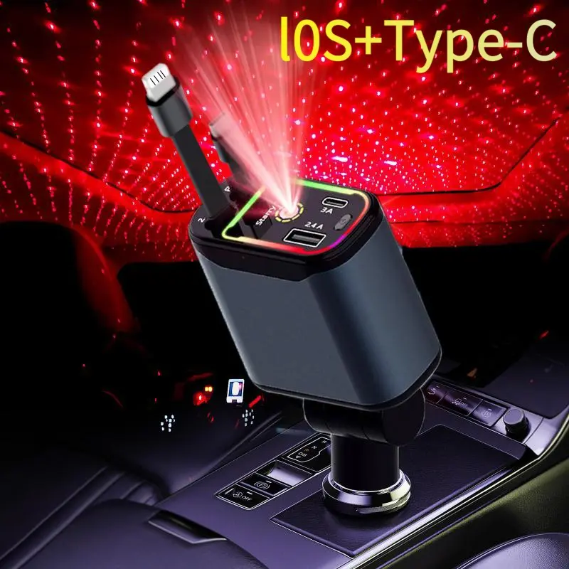 Starlight Charger, 4-In-1 Fast Charging Car Charger with Retractable Cable, Compatible with iPhone & Android, 66w Quick Charge, Super Fast Charging, High Speed Charger