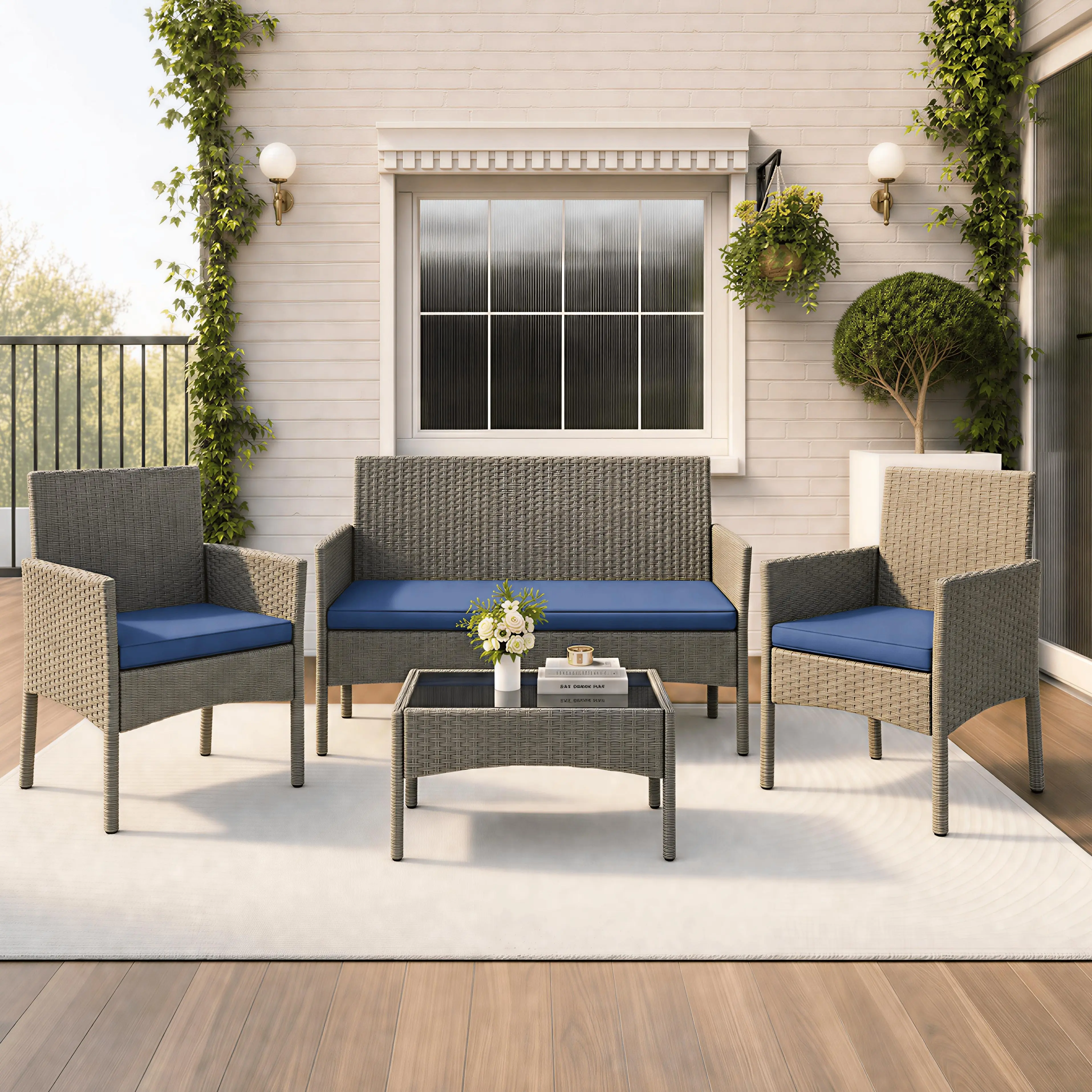 Yaheetech 4-Piece Outdoor Patio Furniture Set, PE Rattan Garden Sofa Set with Soft Cushions & Tempered Glass Table for Backyard, Poolside, Garden Furniture Sets, Furniture Patio Set,home decor,camping essentials