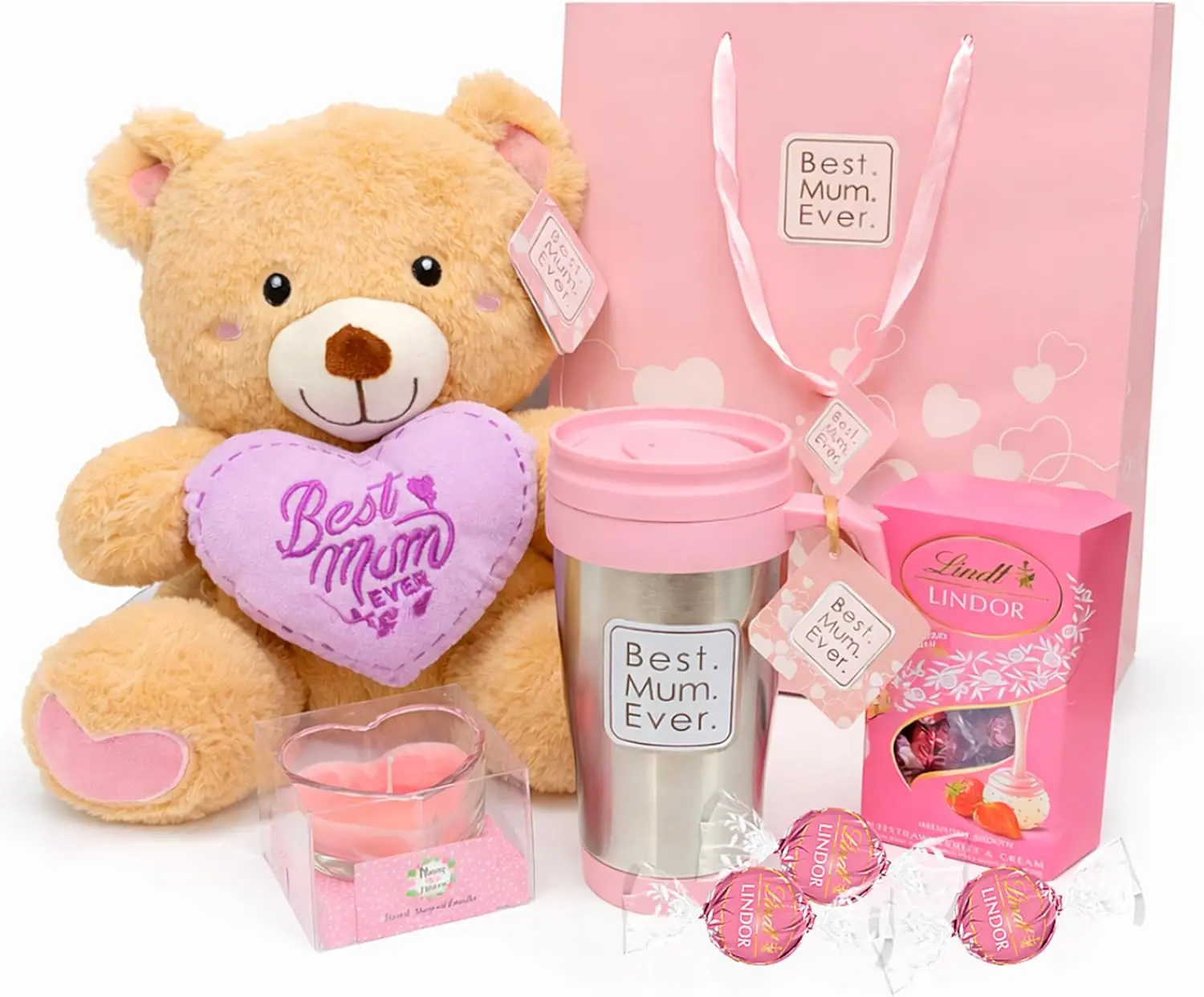 Luxury Mother's Day Hamper for Women - Teddy Bear, Heart Cushion, Stainless Steel Travel Mug, 200g Lindt Strawberry Truffles, Scented Heart Candle, Gift Bag