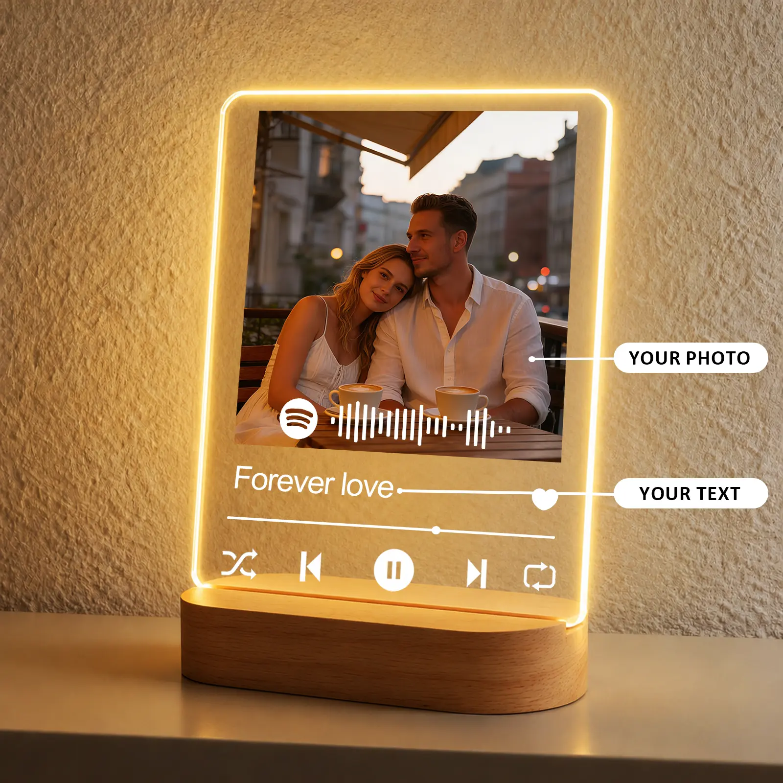 [HKZZ.Made] Custom Spotify Acrylic Music Plaque, I-Shaped Rectangular Base 4/5/6/8in, Minimalist Line Design & Soft LED Glow, Personalized Photo Tabletop Decor, Thoughtful Gift for Couples, Best Friends, Graduation & Everyday Memories