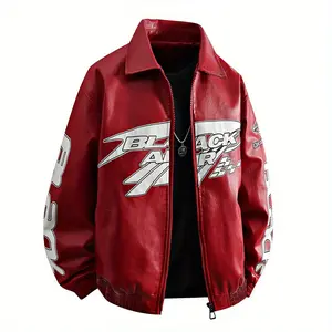 Men's jacket, retro motorcycle lapel leather jacket, men's zipper letter pattern men's PU leather jacket, casual jacket, motorcycle jacket