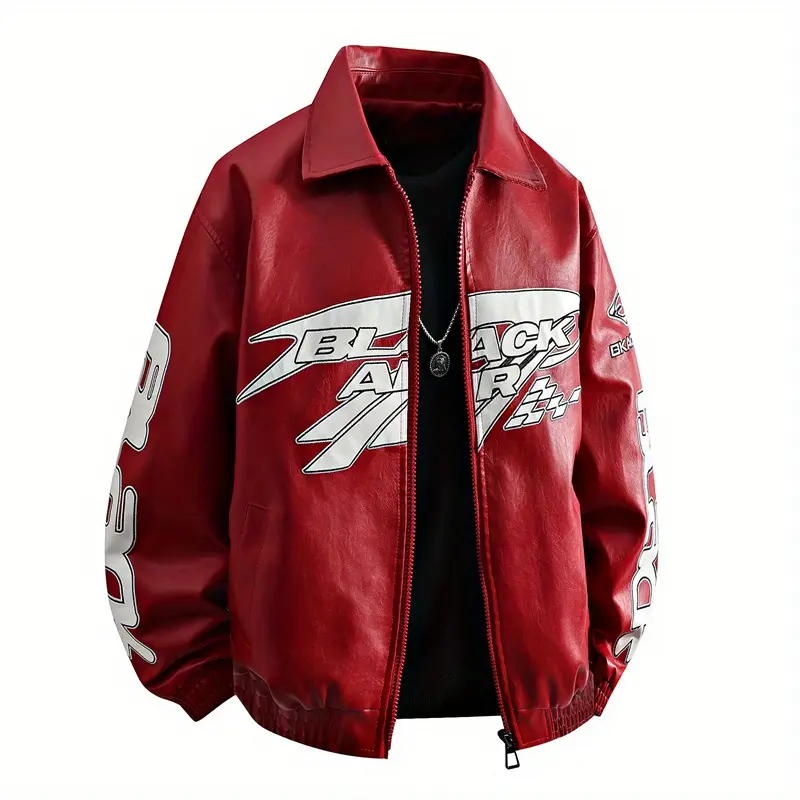 Men's jacket, retro motorcycle lapel leather jacket, men's zipper letter pattern men's PU leather jacket, casual jacket, motorcycle jacket Street Fashion Outerwear
