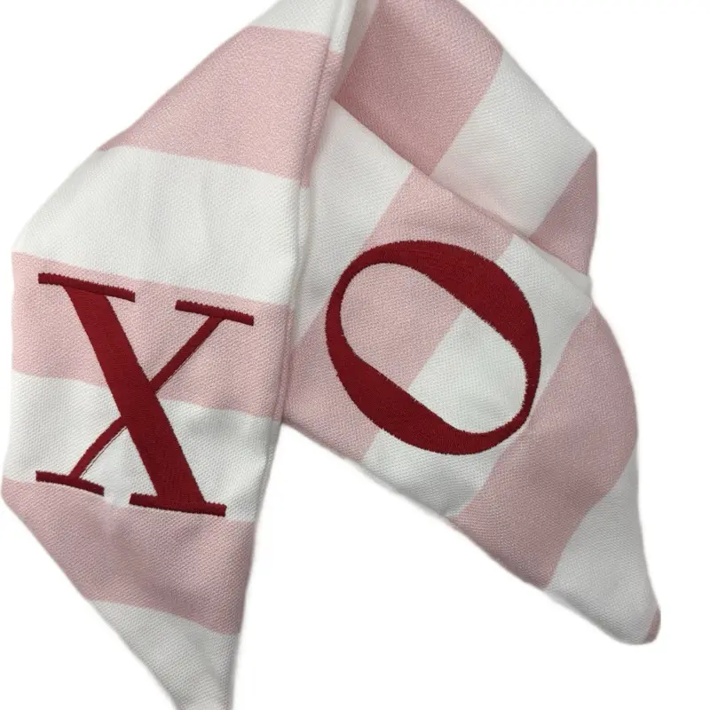 Pink and White Stripe Valentines Sash with red embroidered X and O.