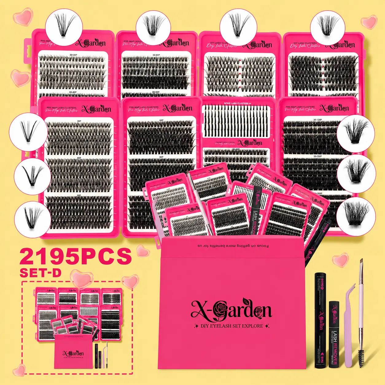 X-Gardcn Lash Clusters Kit, 180P/200P Fluffy Wispy Lash Clusters, D Curl DIY Lash Extensions, Mixed Length Individual Lashes for Natural & Volume Lash Looks