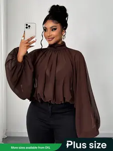Coffee Color Lantern Sleeve Long Sleeve Women's Shirt, High Neck Pleated Fashion Shirt Top, Casual Loose Fit, Spring & Fall Blouse, Womenswear