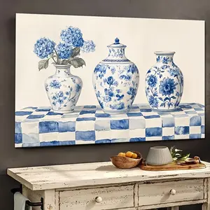 [Elegant Porcelain Vases Art] 1pc Elegant Blue and White Porcelain Vases with Hydrangeas Art Print| Wood Framed Canvas Wall Art, Checkered Tablecloth Design, Ready to Hang Home Decor
