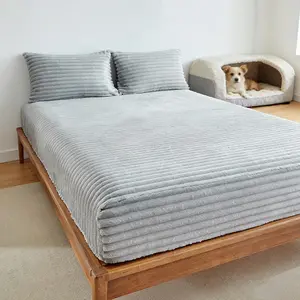 Luxurious Vertical Striped Velvet Bedding Set, Top Sheets, King/queen Size, Deep Pocket Fit Thick Mattress (11.81-13.39 Inches), Includes 1 Fitted Sheet & 2 Pillowcases