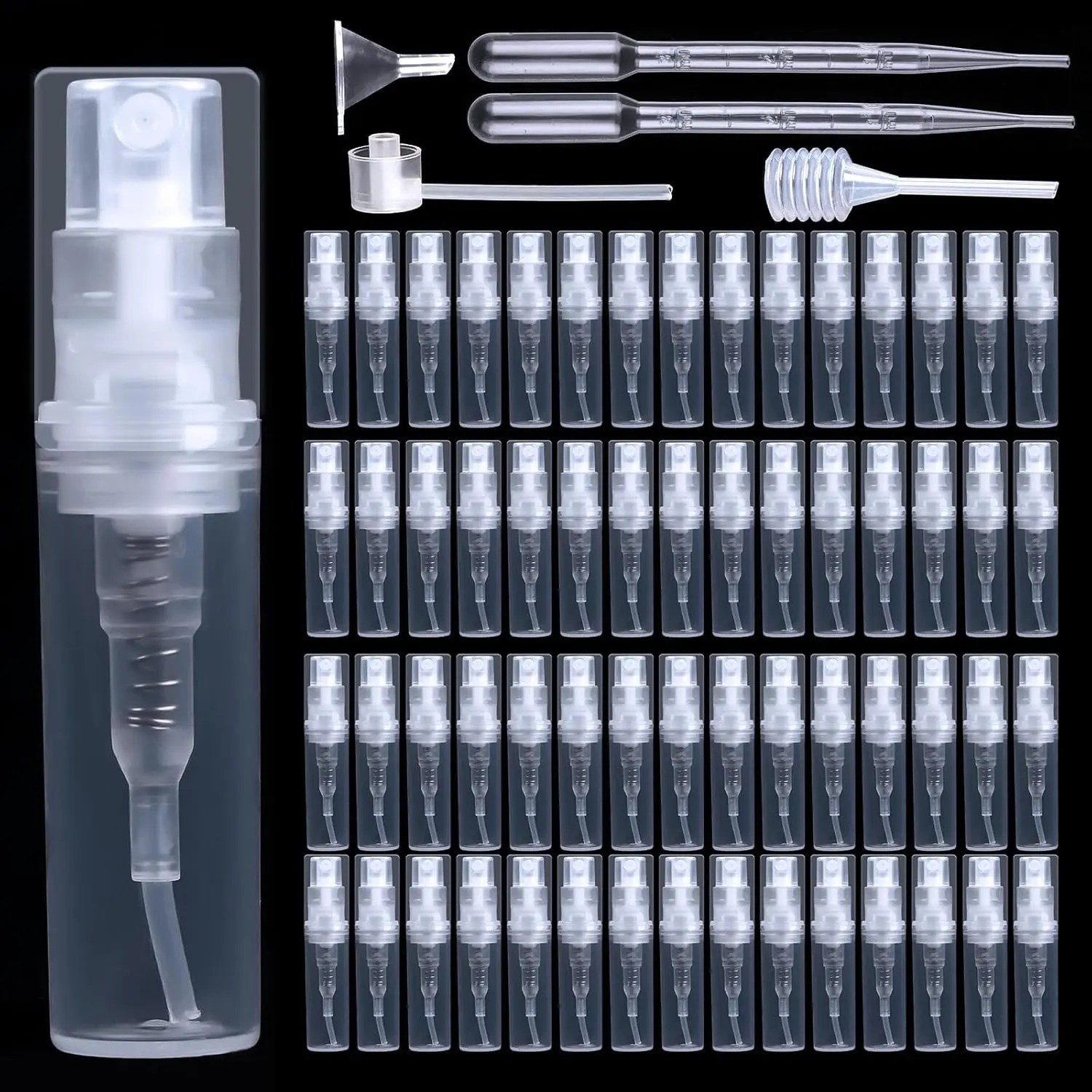 60-Pack 2ml Refillable Mini Perfume Atomizer Spray Bottles - Transparent Plastic Travel-Size Containers for Fragrance, Essential Oils (Bulk Fashion Accessory Set)