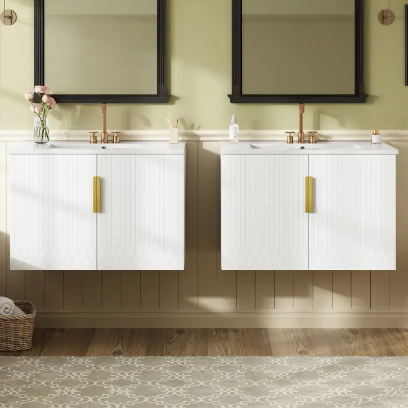 60" Vintage Bathroom Vanity with Ceramic Sink, with 3 Holes Single Ceramic Sink, Bathroom Storage Vanity Cabinet with 2 Soft Closing Doors