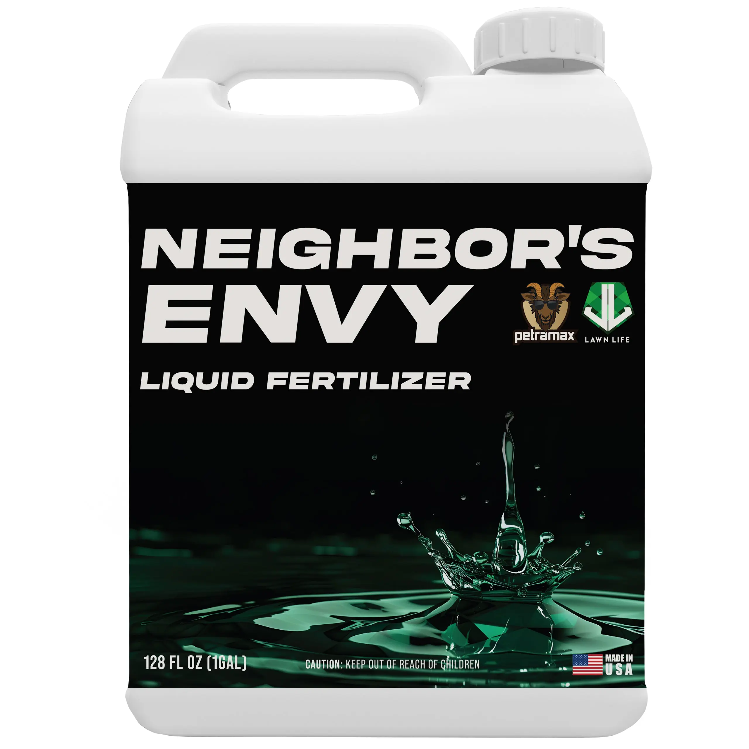 PetraMax Neighbor's Envy 7-in-1 Liquid Lawn Fertilizer Concentrate, 1 Gal, Nitrogen Iron Humic Acid Sea Kelp Potassium, Grass Food for Bermuda Fescue Zoysia St Augustine