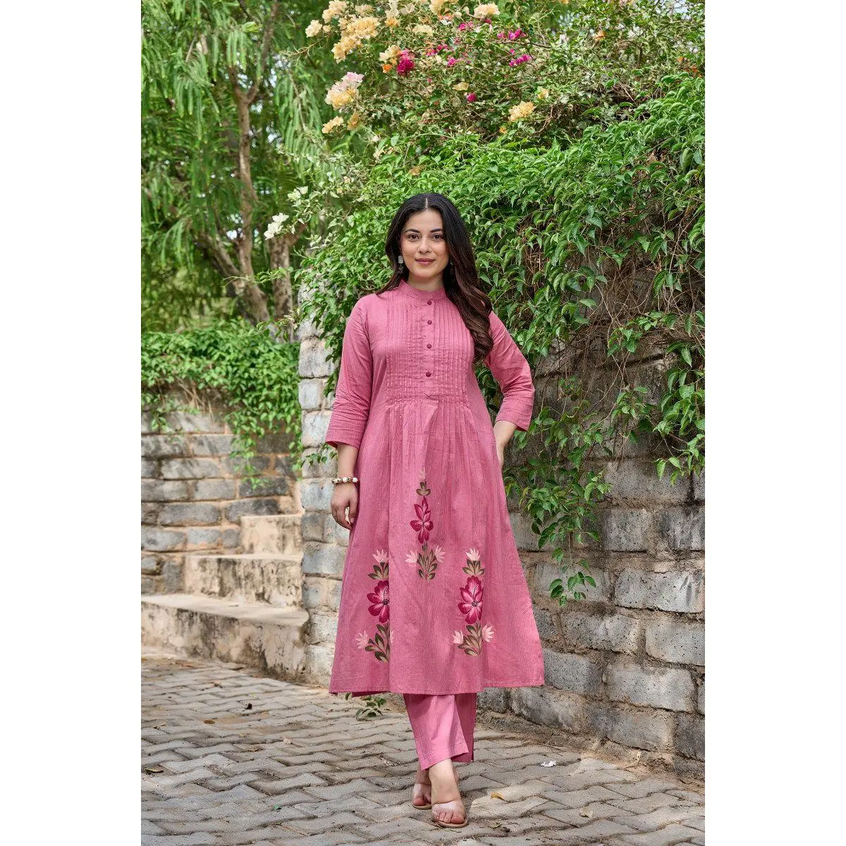 Women's Cotton Long Kurti Set with Floral Embroidery