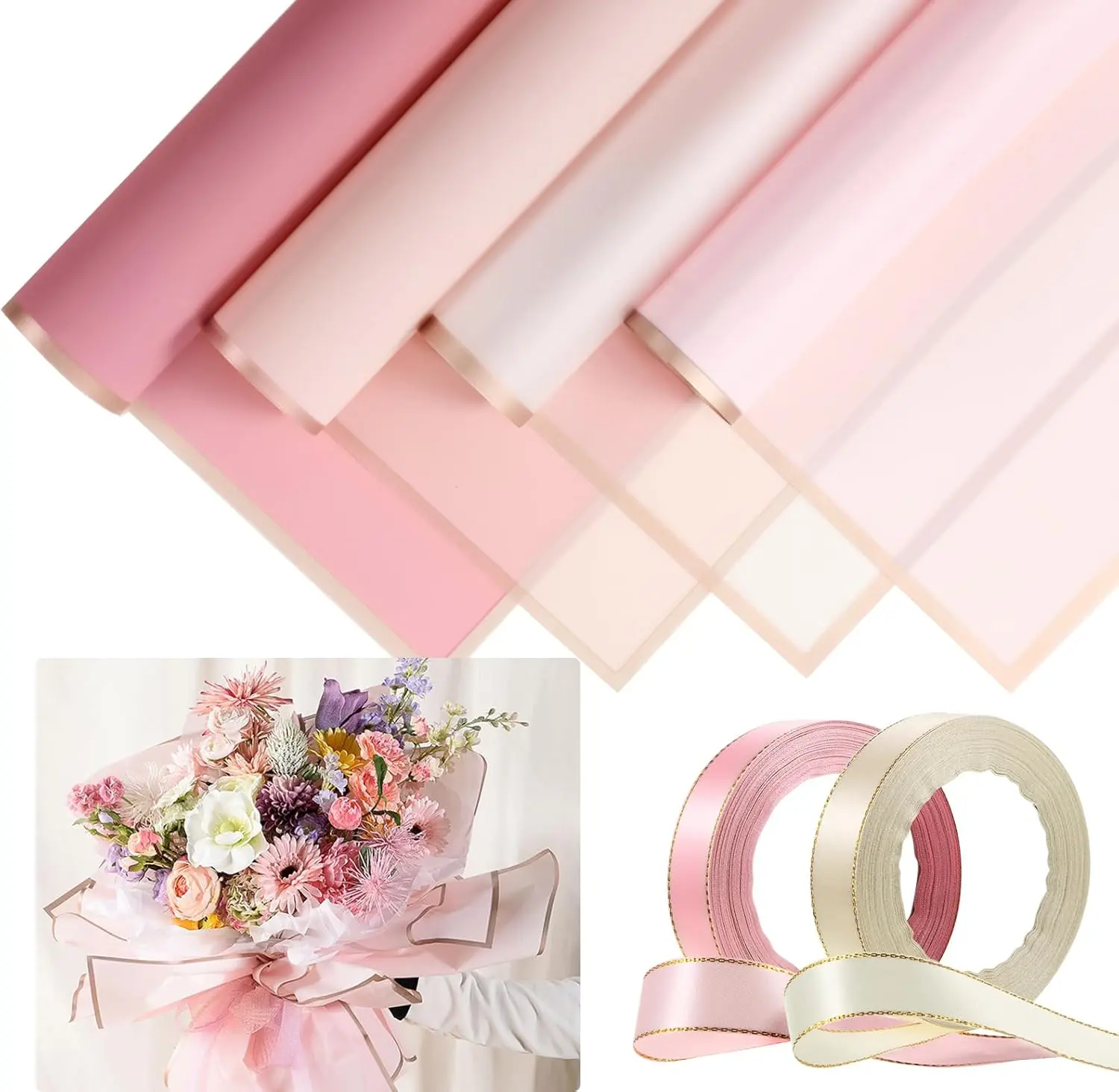 20 Sheets Waterproof Floral Wrapping Paper with 2 Ribbons, 23.6" x 23.6" Frosted Flower Bouquet Wrapping Paper for Mother's Day, Wedding, Birthday & Florist Supplies(Delicate Color)