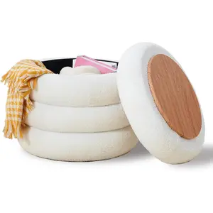 18in Round Storage Ottoman, Footstool, Teddy Vanity Stool with Flip-Top Tray, Makeup Chair for Home Decor, Upholstered Footrest for Living Room & Bedroom