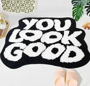 YOU LOOK GOOD Minimalist Home Rug, Water Absorption Non-Slip Letter Velvet Floor Mat, Bedside Carpet Bedroom Foot Mat, Mirror Front Decoration Floor Mat Bathroom Balcony Home Decorative Rug Living Room