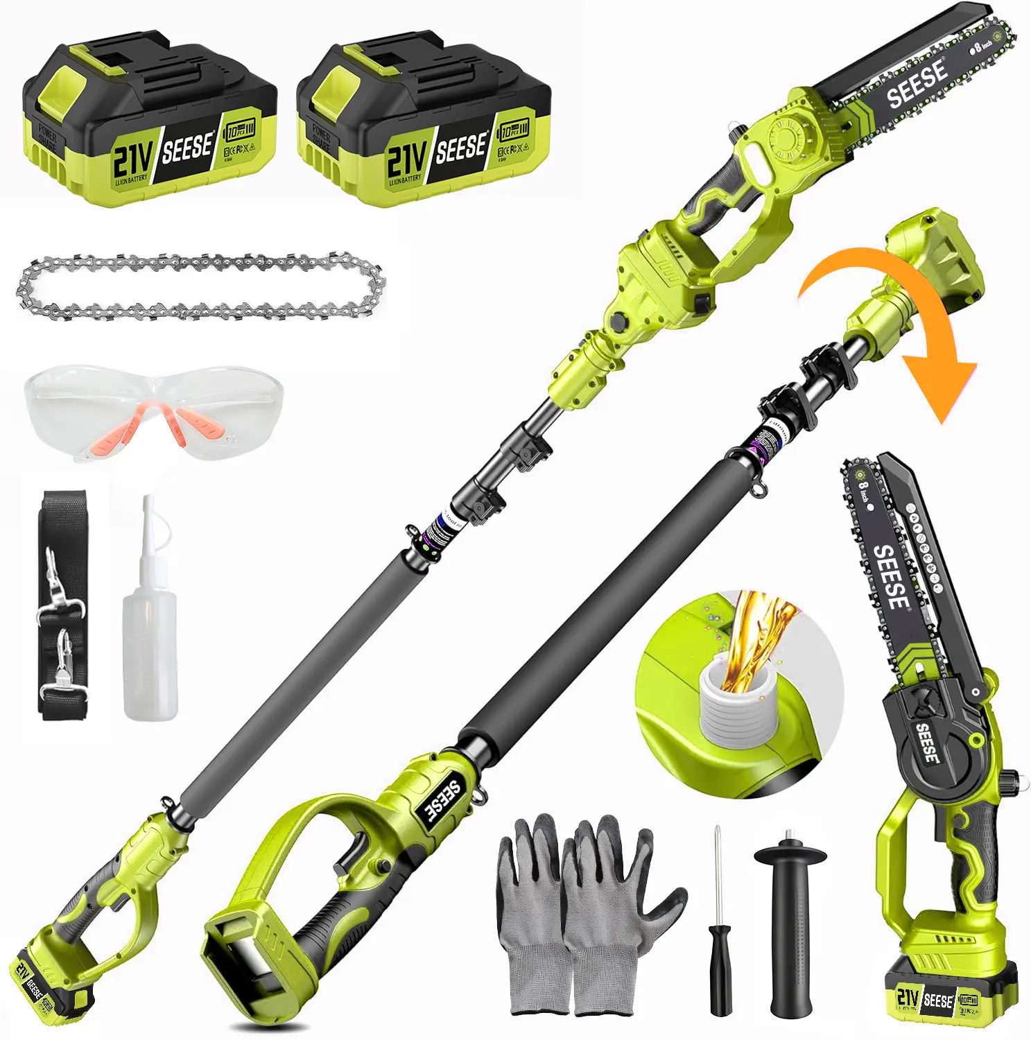 SEESE 2-in-1 Brushless Mini Chainsaw, 8" Electric Telescopic Pruner with 2×21V Batteries, 60° Adjustable Head and Shoulder Strap, Max Reach 15ft, Halloween gifts