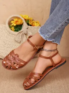 New PU Leather Roman Sandals, Cross-Weave Hollow Design, Toe Protection, Breathable, Casual Style, All Seasons, Less Than Ankle Height