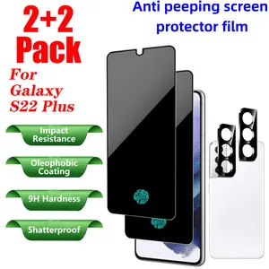 【 2+2 PCS 】 Privacy screen protector, suitable for Samsung Galaxy S22 Plus smartphone, 2 screen protectors and 2 lens protectors,compatible with phone case protection, phone wear resistance, fingerprint unlocking, easy installation, no bubbles Protective