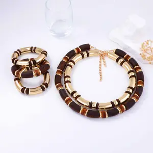 Personalized Retro Double Layer Stacked Wooden Bamboo Necklace Bracelet Set for Women Bohemian Exaggerated Necklace Party Decoration Dress Decoration