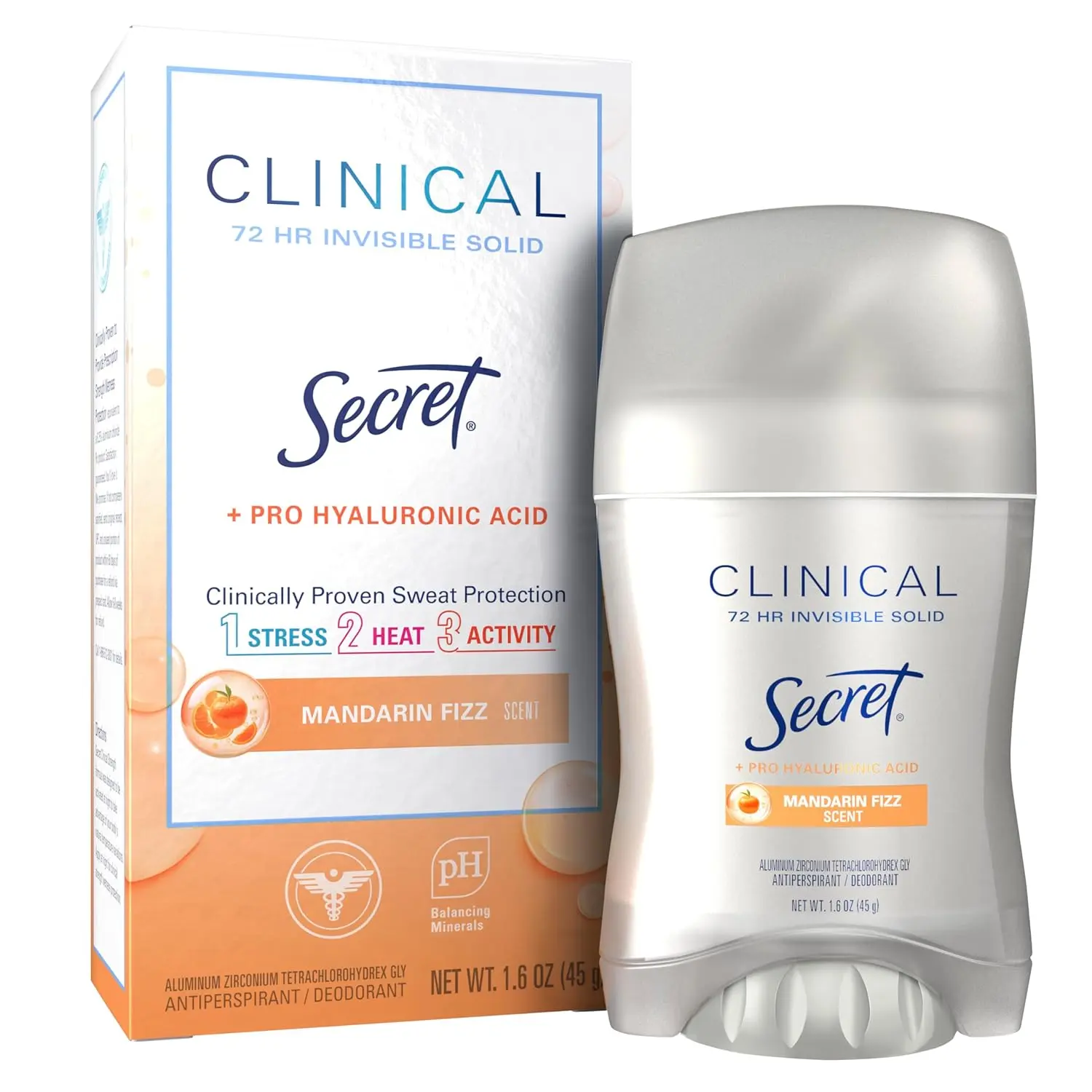 Secret Clinical Strength Antiperspirant Deodorant for Women, 3X Stress Protection, 72hr Sweat & Odor Protection, Pro-Hyaluronic Acid, Invisible Solid, Mandarin Summer Fizz Scent, 1.6 oz, Body Care, Cosmetic, Aroma