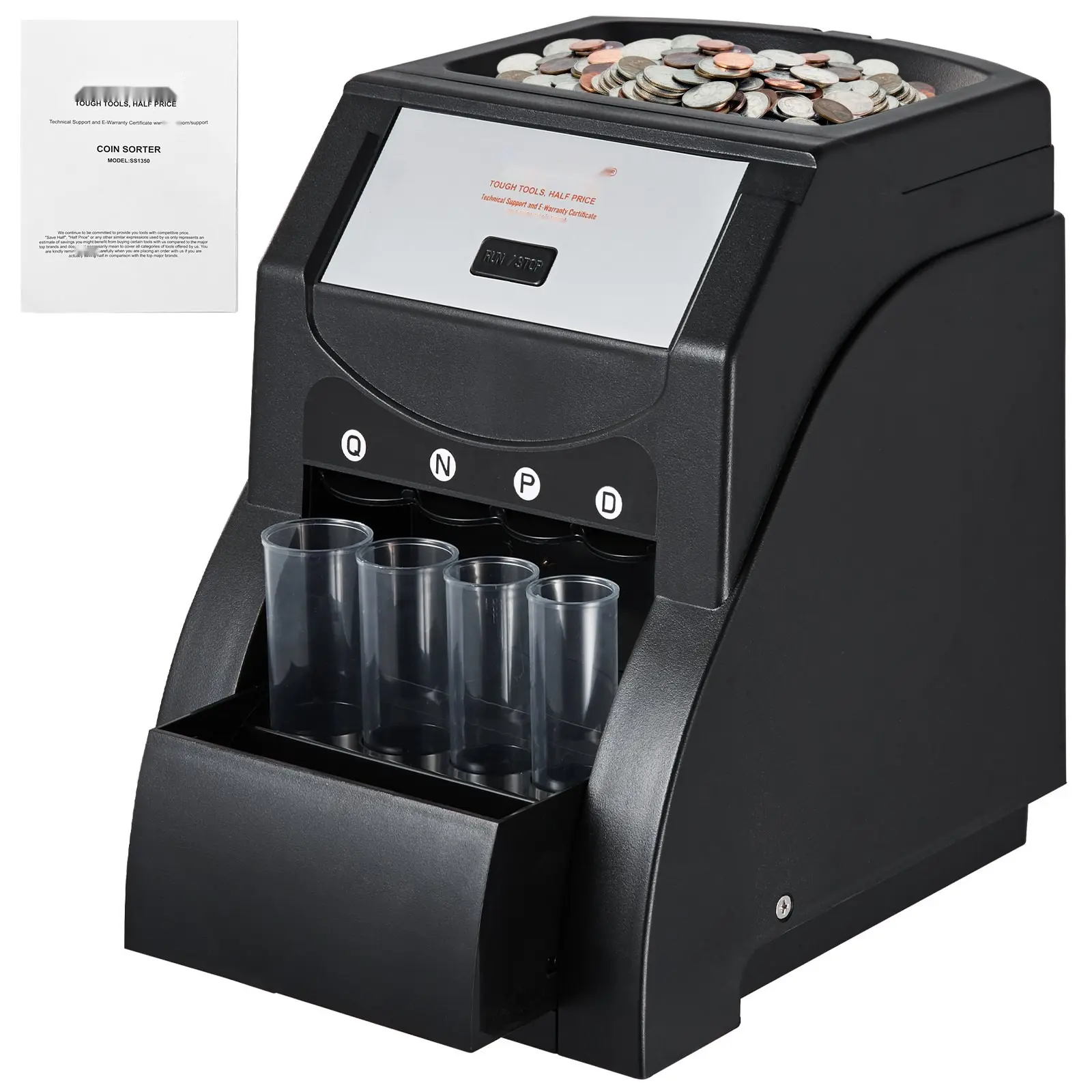 USD Coin Sorter, Coin Sorting Machine For US Coins 1¢, 5¢, 10¢, 25¢; Sorts Up To 230 Coins Per Minute, Includes Coin Wrapper System, 200 Coin Capacity, 4 Coin Tubes, Black Finish, Durable Build